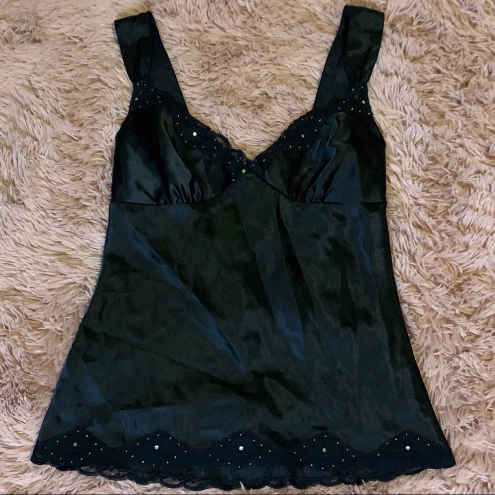 Black satin Bella Hadid style tank with lace